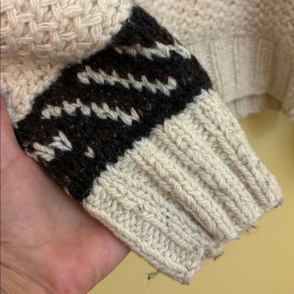 Vince | Cream Black Chunky Knit Shawl Fisherman Grandpa Wool Blend Cardigan L - Picture 7 of 17